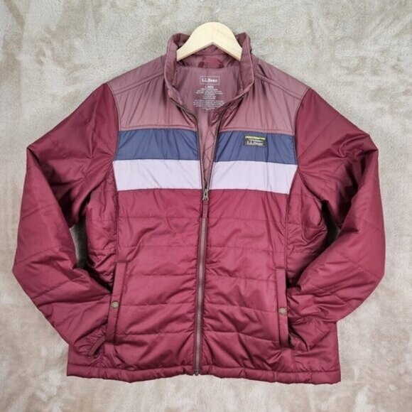 L.L. Bean Womens Mountain Classic Puffer Jacket Colorblock Blue White Red Size L - Picture 1 of 10